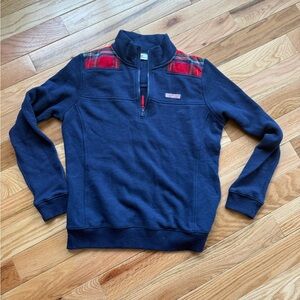Vineyard Vines Navy Quarter Zip Sweater with Red Plaid
